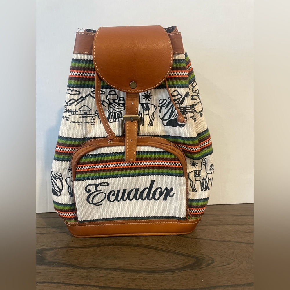 Ecuador-Inspired Patterned Backpack with Brown Leather